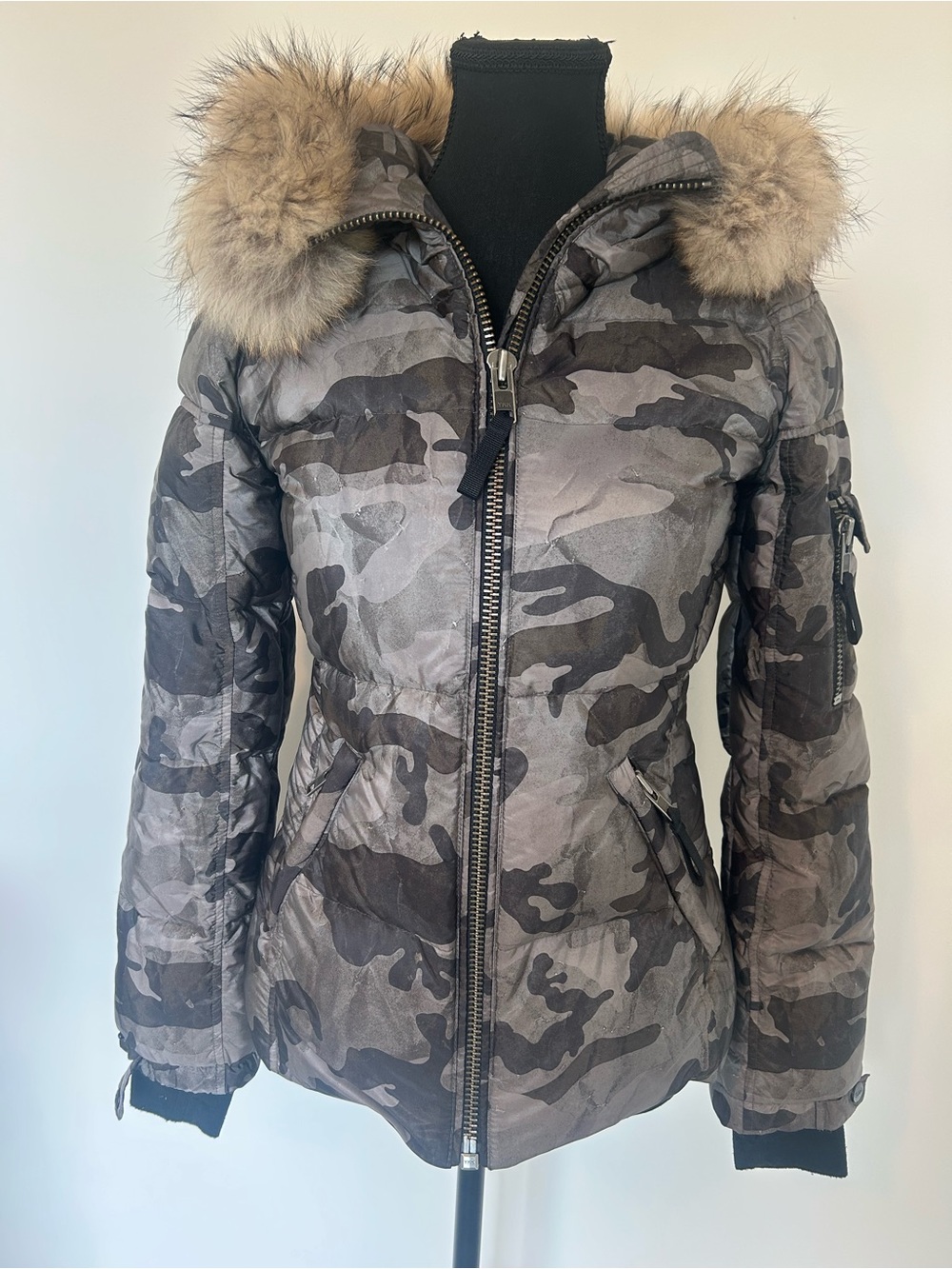 SAM 100% Down Filled Women's Gray Camouflage Puffer with Real Fur Trimmed Hood